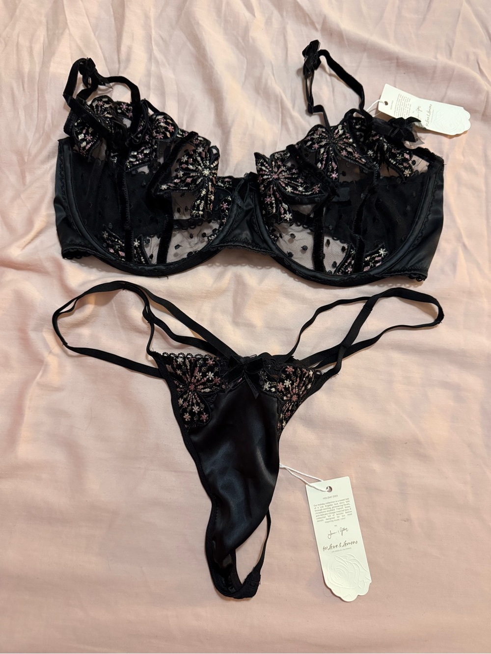 For Love & Lemons Black Sheer Embroidered Balconette Bra and Thong Set